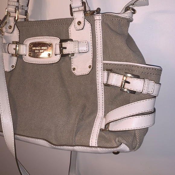 Michael Kors Gansevoort Canvas Satchel Leather Handbag Tan White - Picture 7 of 12